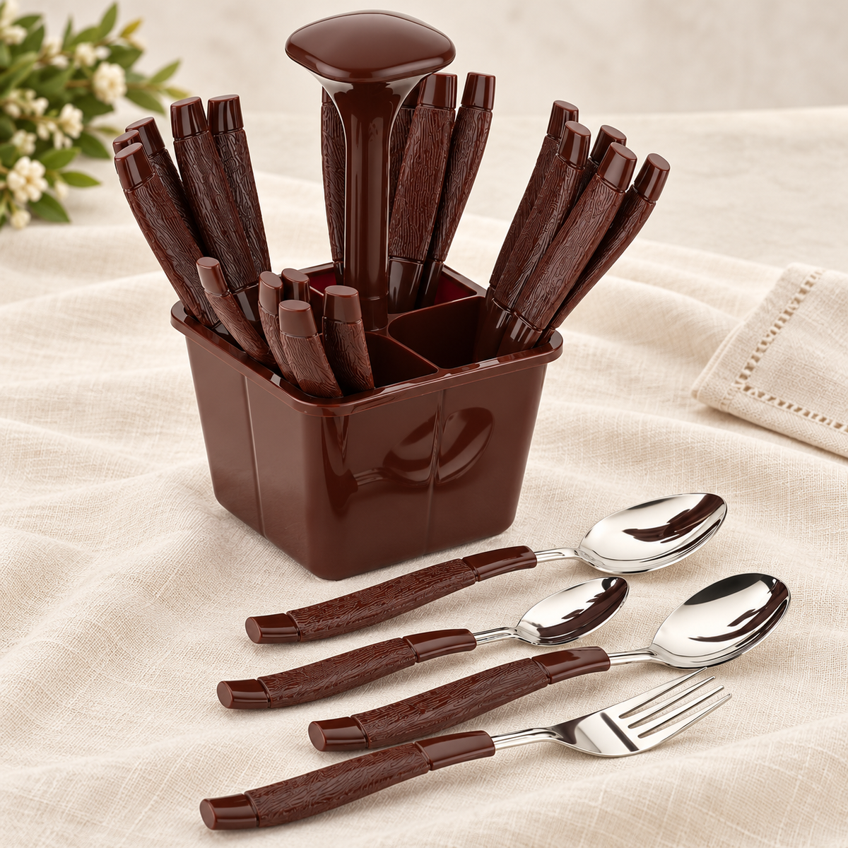 Brown Cutlery Set with Holder