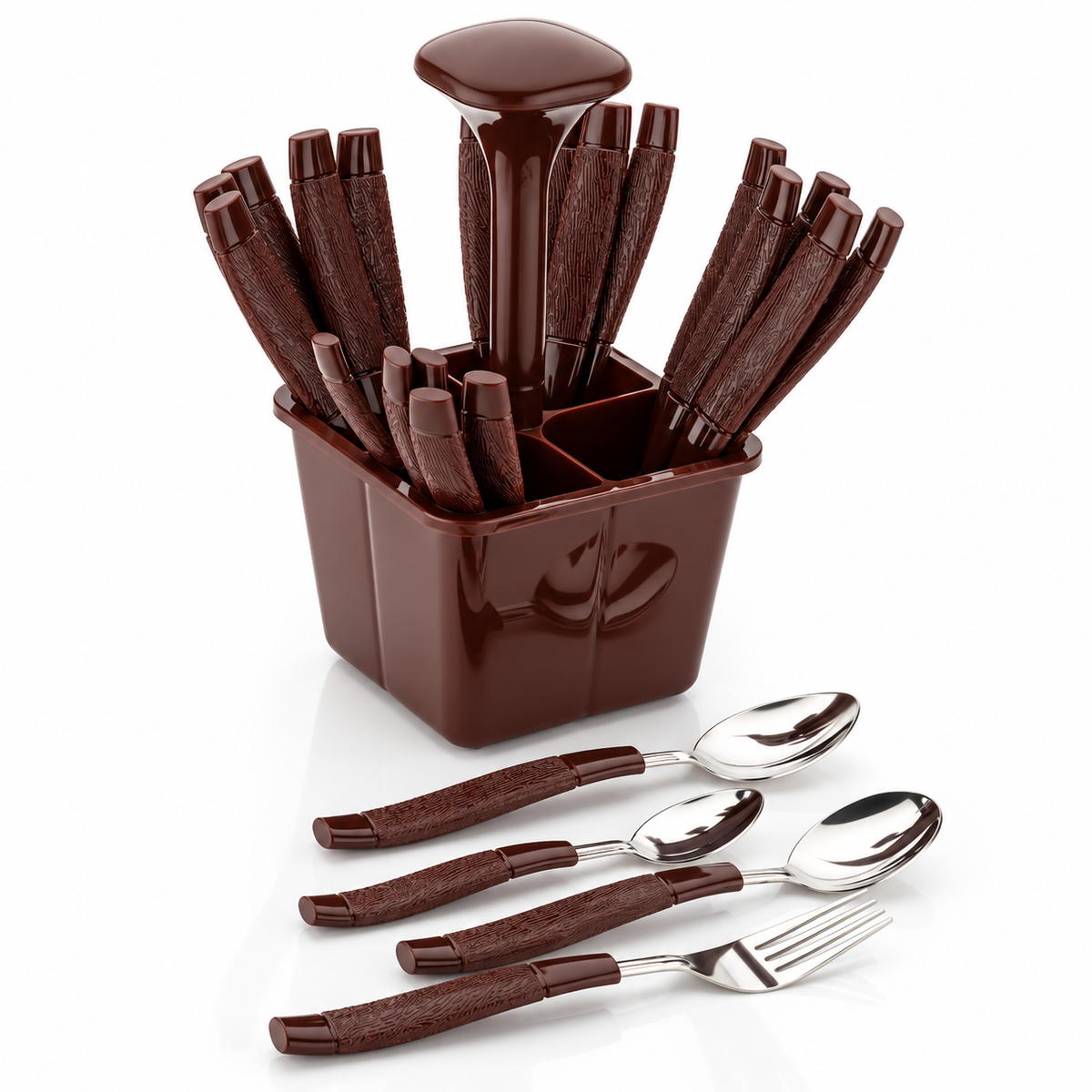 Brown Cutlery Set with Holder