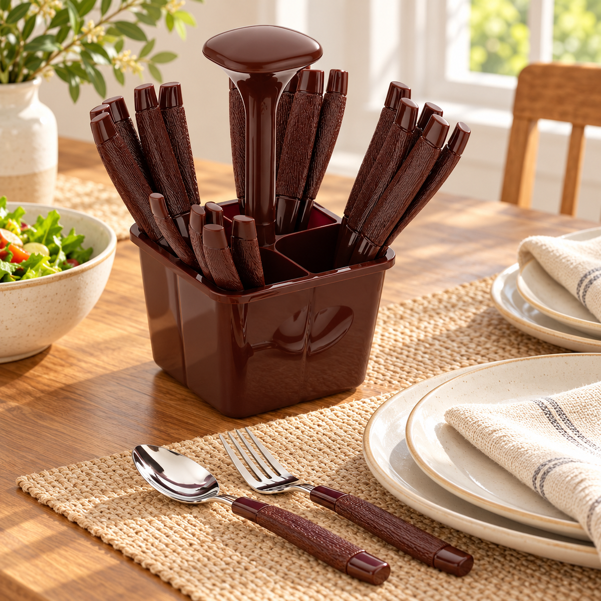 Brown Cutlery Set with Holder