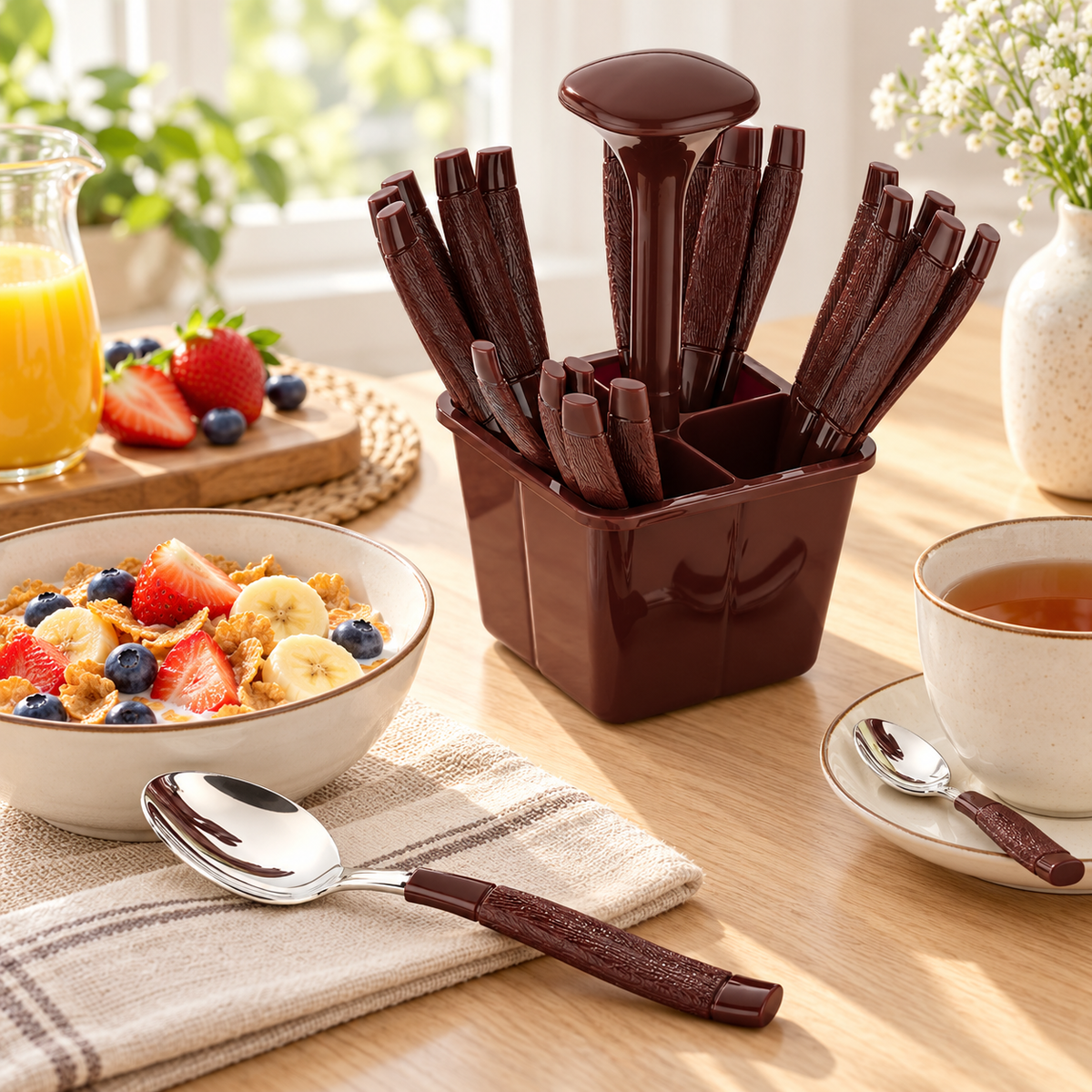 Brown Cutlery Set with Holder