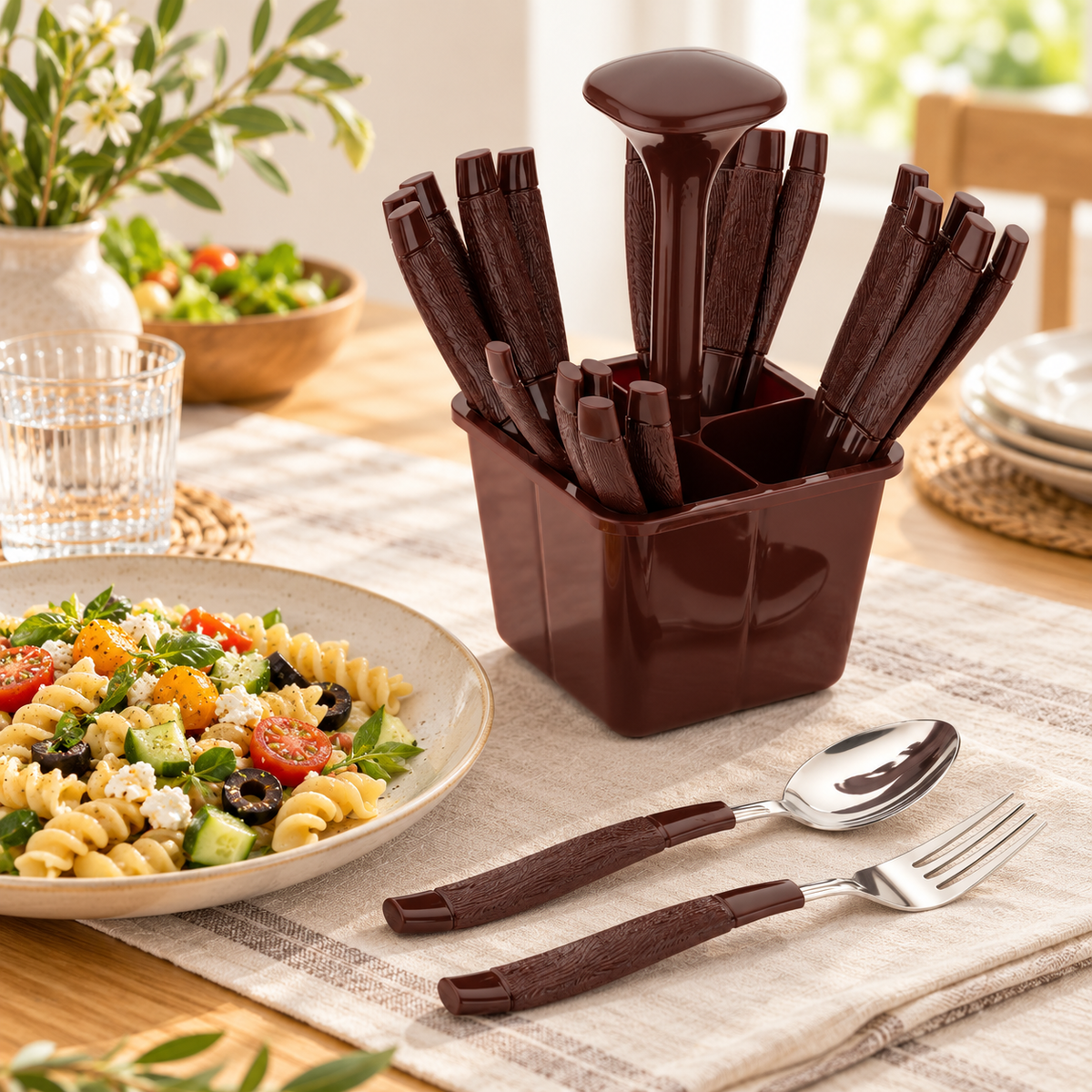 Brown Cutlery Set with Holder