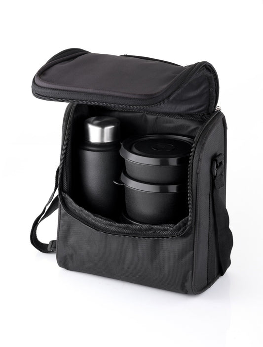 Stainless Steel Lunch Box Set with Insulated Shoulder Bag &amp; Water Bottle (All-Black Edition)