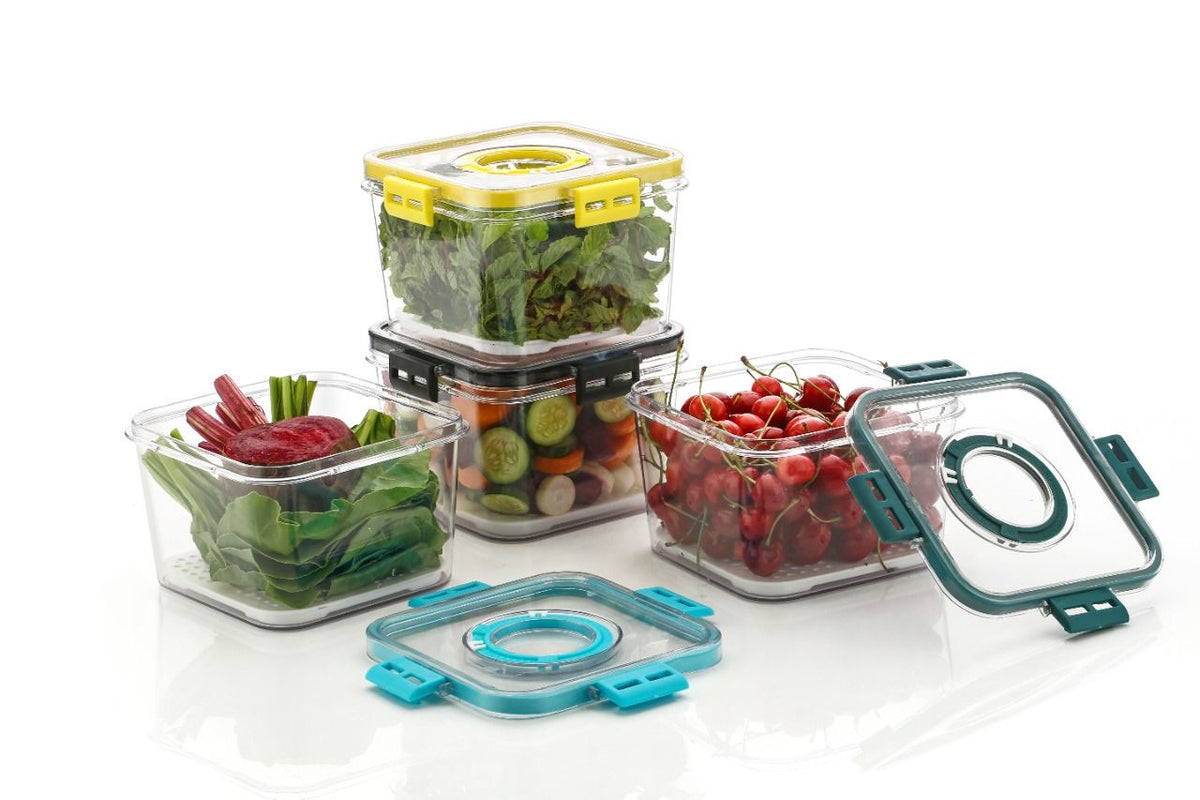 Fresh-Keeping Refrigerator Organizer Containers with Adjustable Air Vent & Drain Plate