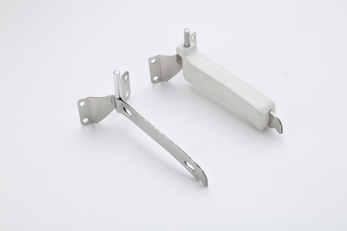 Two metal door stop brackets with white plastic end guards, shown on a plain white background.