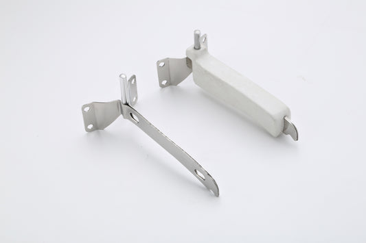 Two metal door stop brackets with white plastic end guards, shown on a plain white background.