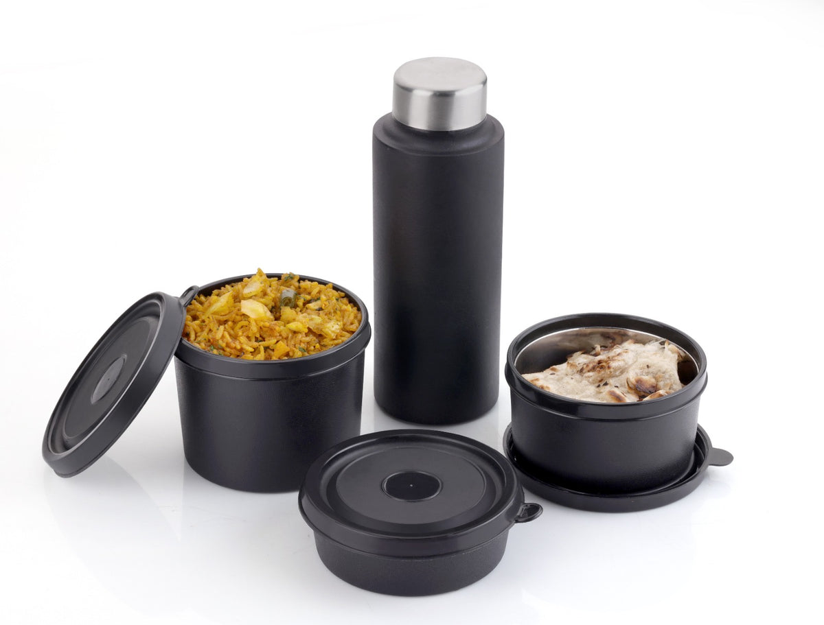 Stainless Steel Lunch Box Set with Insulated Shoulder Bag &amp; Water Bottle (All-Black Edition)