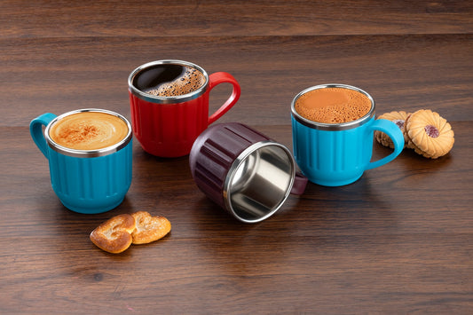 4 pcs. Stainless Steel Inner Tea & Coffee Mug Set with Ribbed Outer Body (Multi-Color)