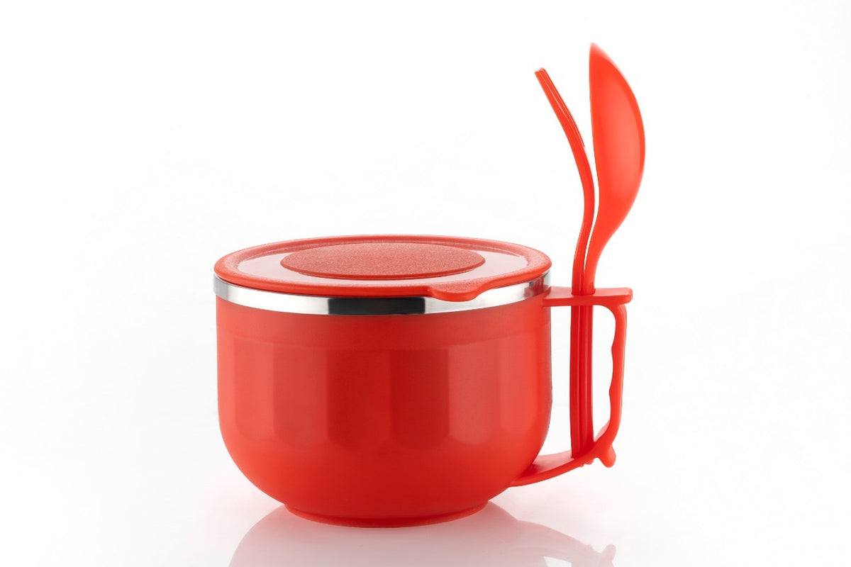Soup Mug with Lid, Spoon & Fork – Red
