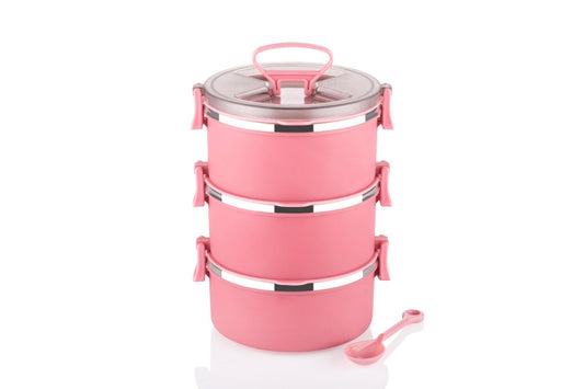 3-Tier Stackable Stainless Steel Insulated Lunch Box with Spoon & Side Clips (Pink)