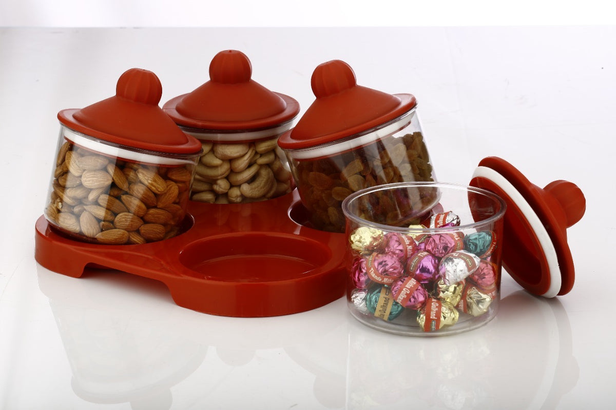 Airtight Plastic Dry Fruit & Snack Storage Container Set with Serving Tray