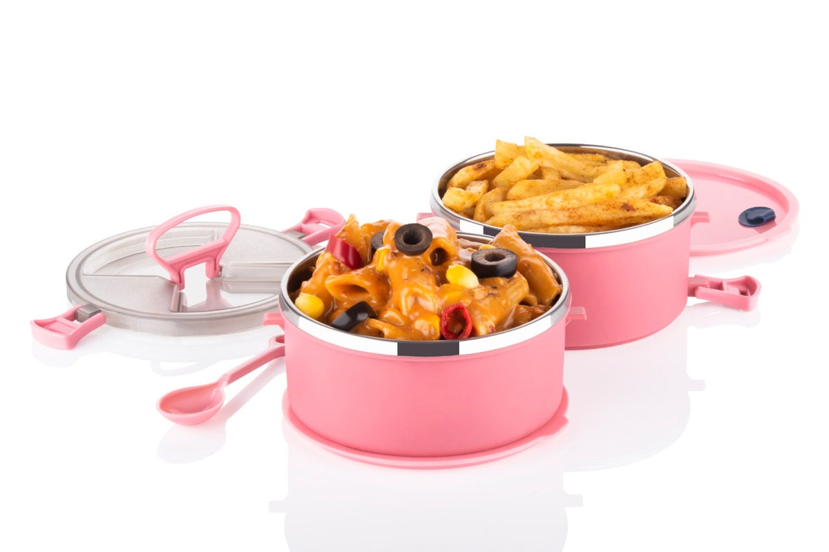 3-Tier Stackable Stainless Steel Insulated Lunch Box with Spoon & Side Clips (Pink)