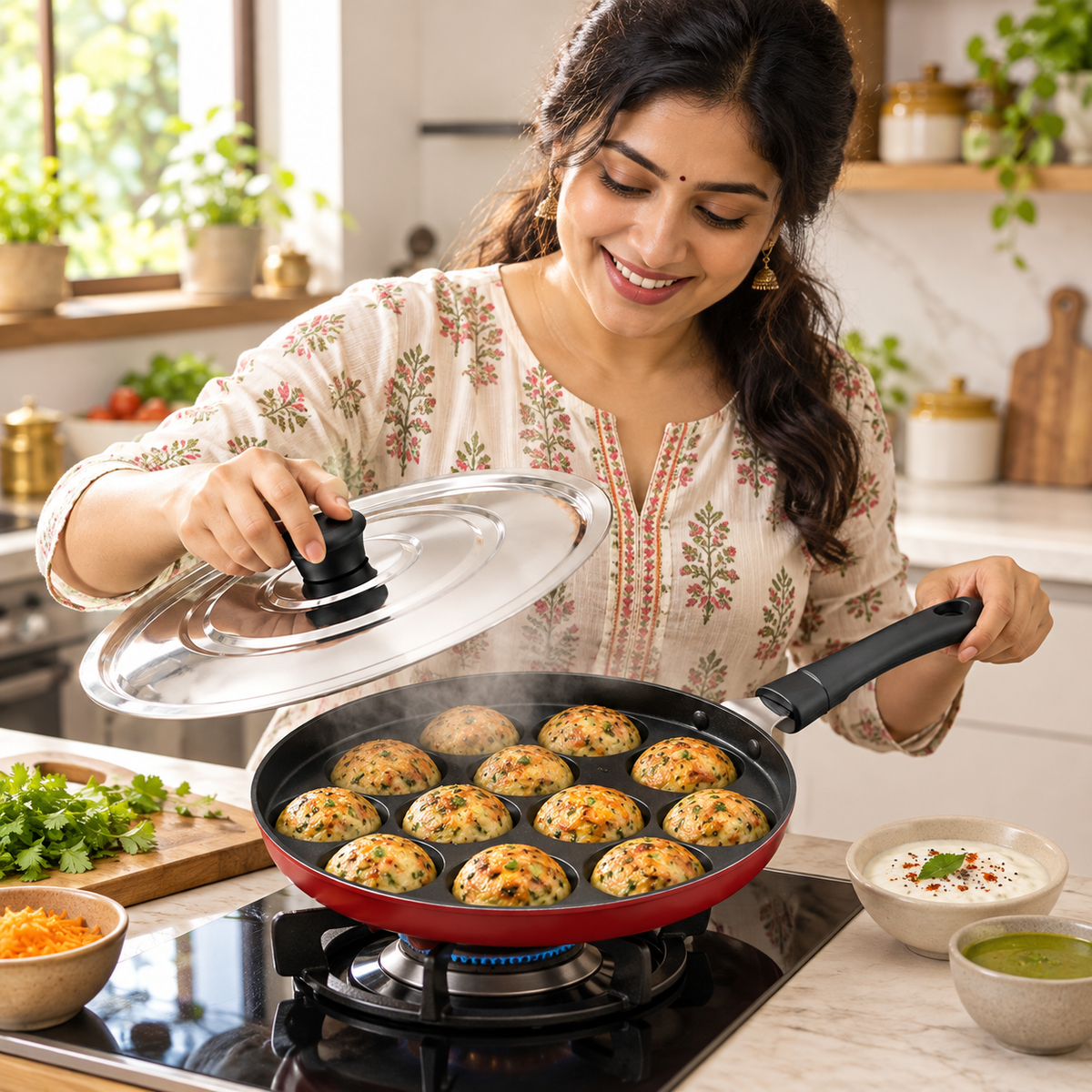 N.S Appam With Lid (Long Handle) 12 Cavity