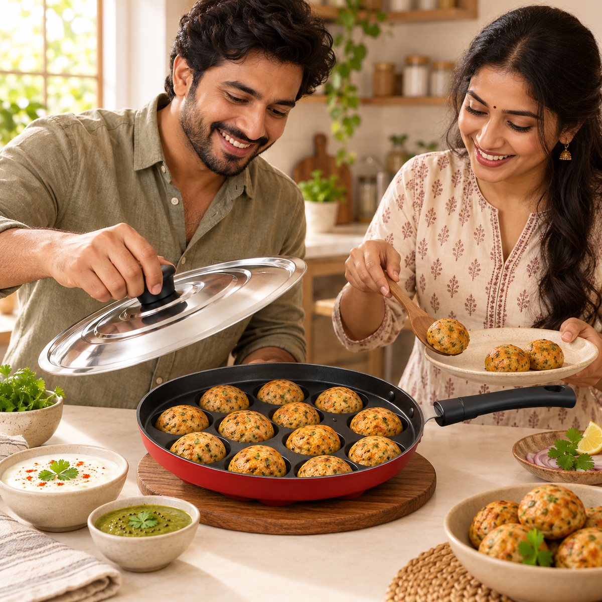 N.S Appam With Lid (Long Handle) 12 Cavity