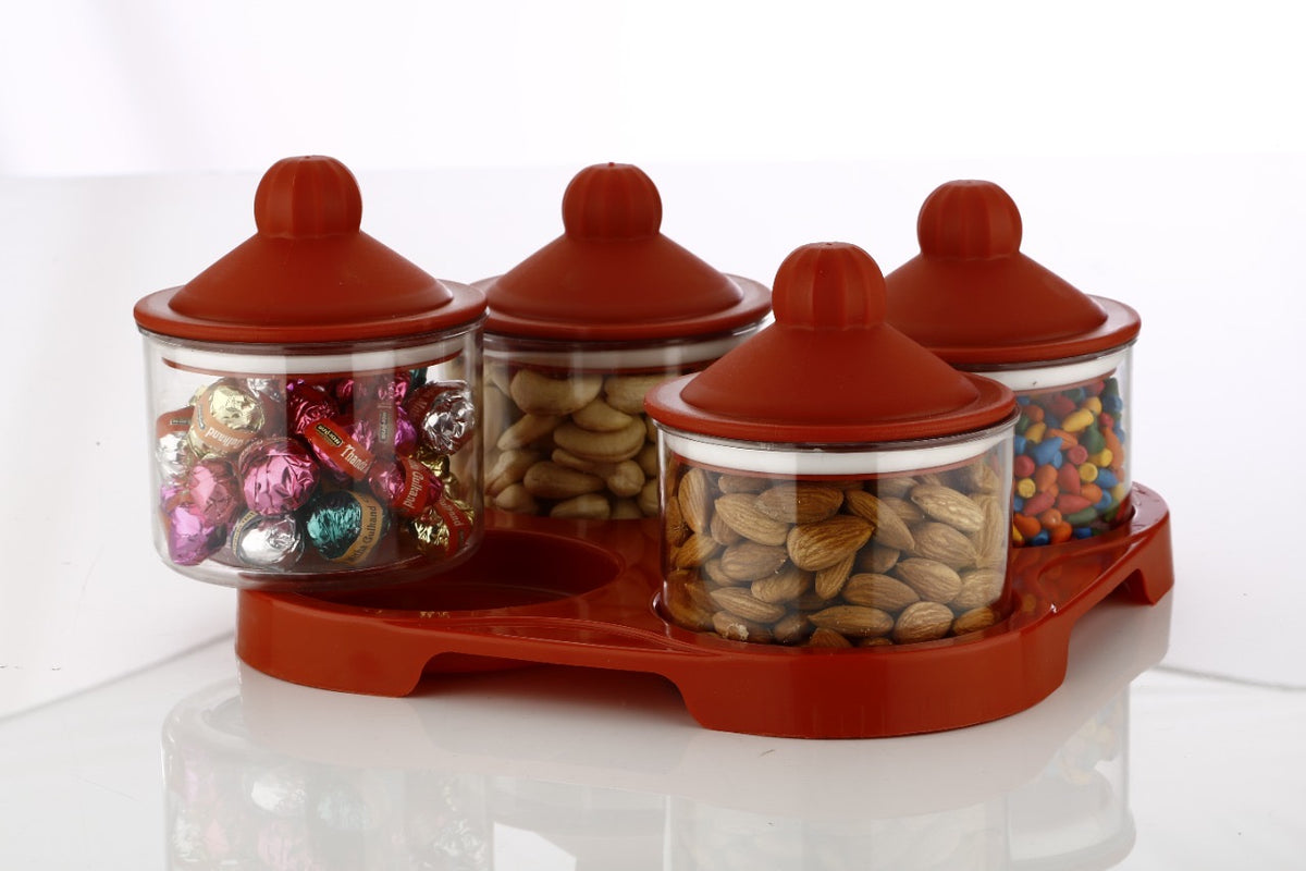 Airtight Plastic Dry Fruit & Snack Storage Container Set with Serving Tray