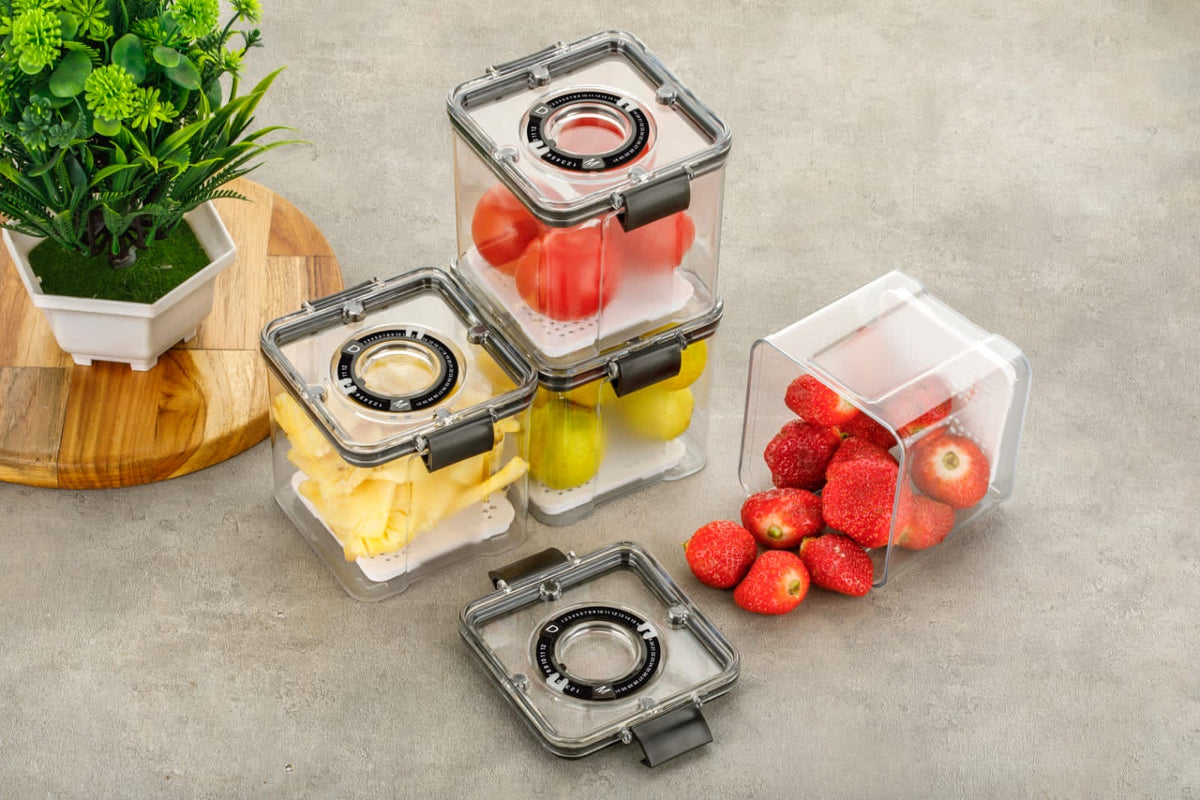 4 pcs. Airtight Fridge Produce Saver Container with Date Tracker Dial & Drain Tray