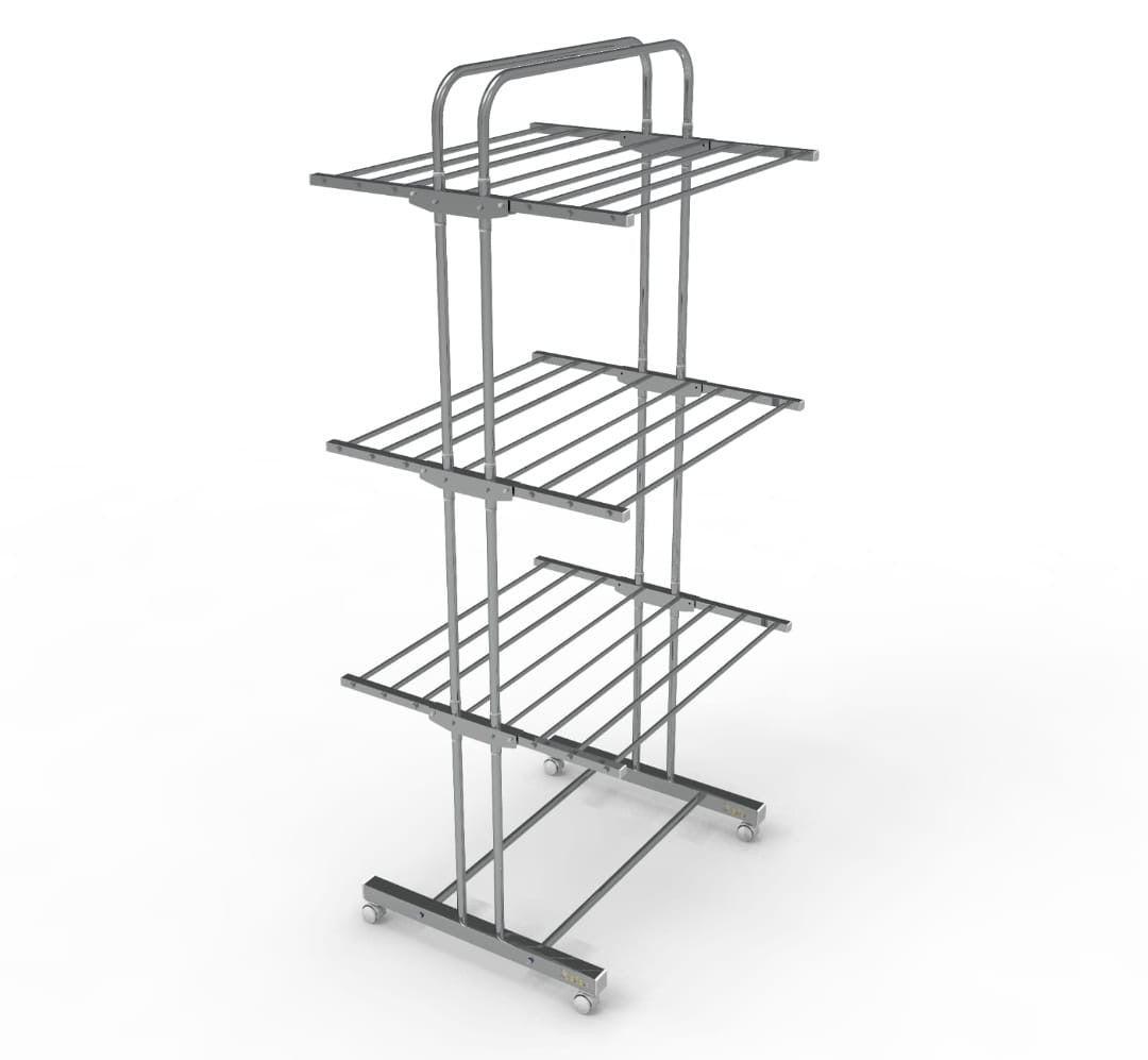 3-Tier Heavy-Duty Full Stainless Steel Foldable Clothes Drying Stand with 360° Castor Wheels.