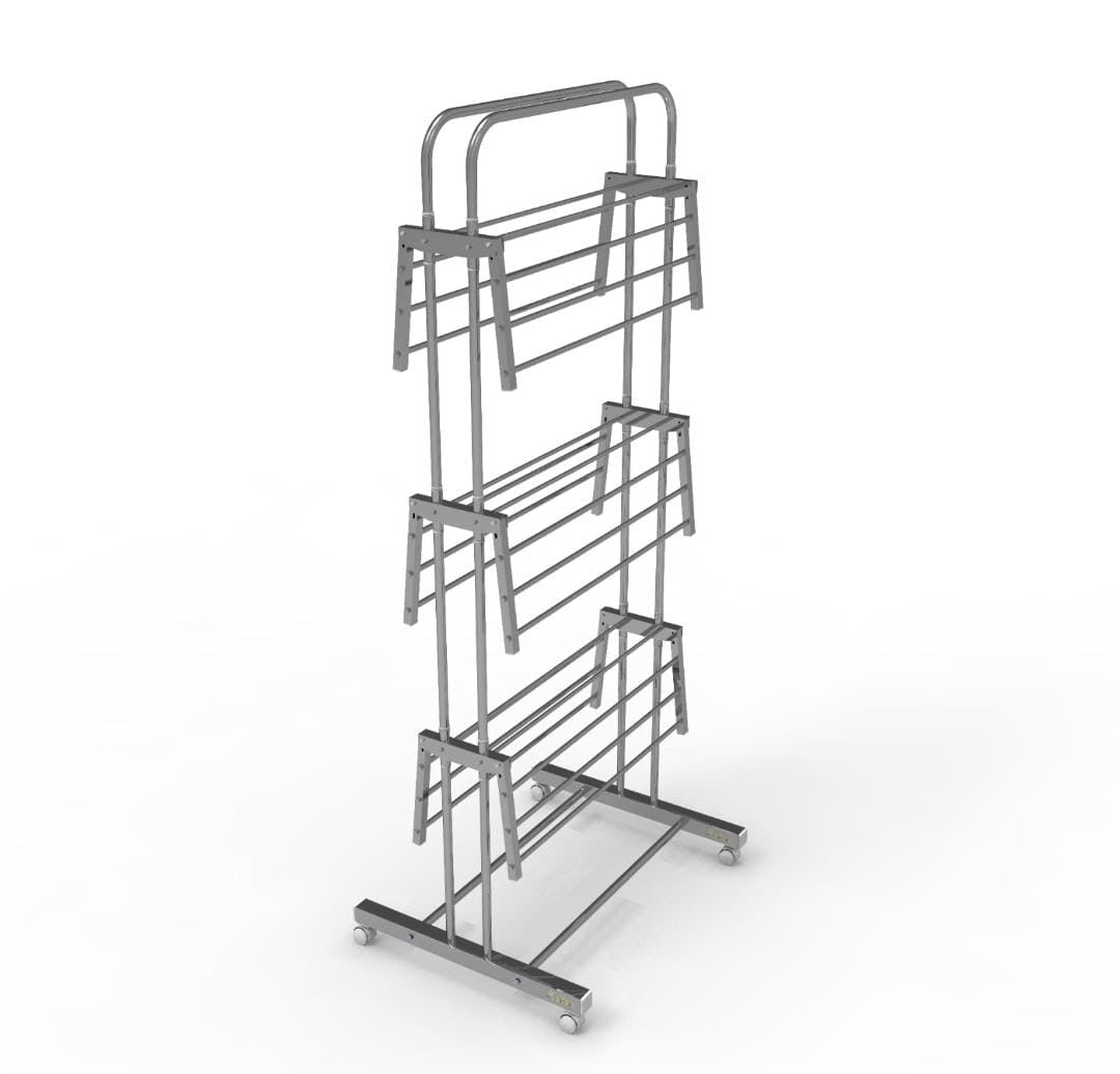 3-Tier Heavy-Duty Full Stainless Steel Foldable Clothes Drying Stand with 360° Castor Wheels.